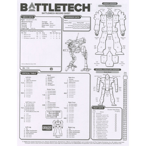 BattleTech Battlemech Record Sheet Ilclan Era Rules Insert 40th ...