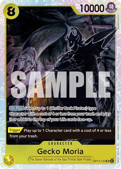 one piece tcg moria deck Gecko (OP06-080) Metal Card [On Play] Add up to 1 [The Seven Warlords of the Sea] or [Thriller Bark Pirates] type Character with a cost of 4 or less other than [Gecko Moria] from your trash to your hand Gecko Moria (Store Championship 2023