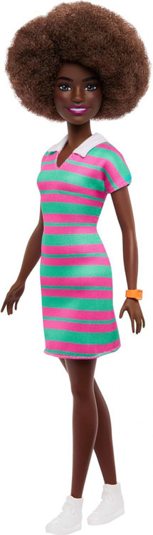Fashionistas Barbie 13.25-Inch Doll Curly Black Hair, Pink & Green Striped Collared Dress、ToyWiz、kayou