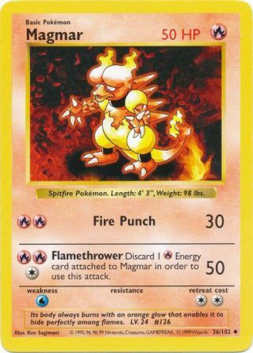 Pokemon Base Set Uncommon Magmar #36 Shadowless Moderately Played、ToyWiz、kayou