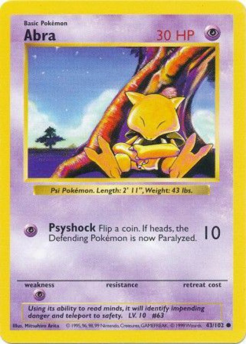 Pokemon Base Set Common Abra #43 Shadowless Lightly Played、ToyWiz、kayou