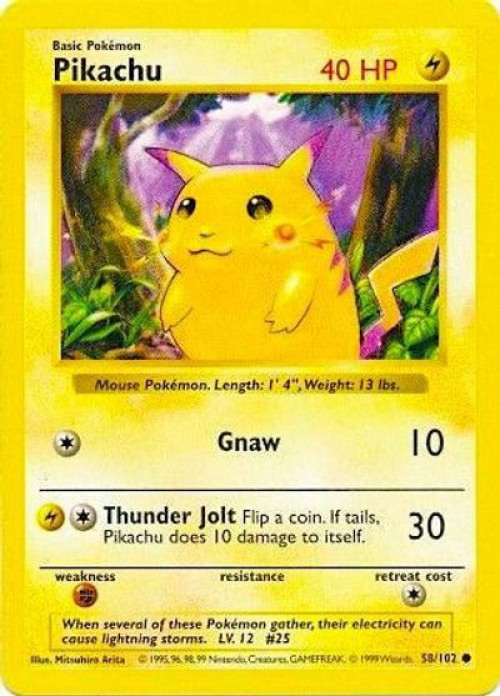 【希少】Pikachu yellowcheek shadow less Pokemon Base Set Single Card Common Pikachu 58 Shadowless, Yellow