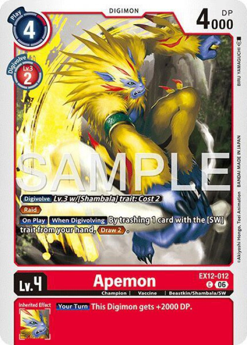 Digimon Trading Card Game Digital World Shambala Common Apemon EX12-012、ToyWiz、kayou