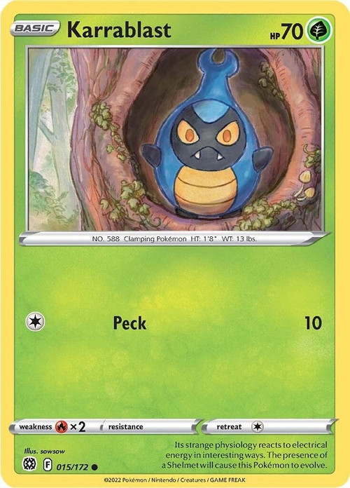 Pokemon Trading Card Game Sword & Shield Brilliant Stars Common Karrablast #15 Reverse Holo Lightly Played、ToyWiz、kayou