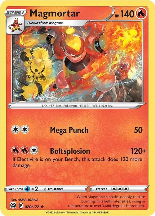 Pokemon Trading Card Game Sword & Shield Brilliant Stars Rare Magmortar #20 Reverse Holo Lightly Played、ToyWiz、kayou