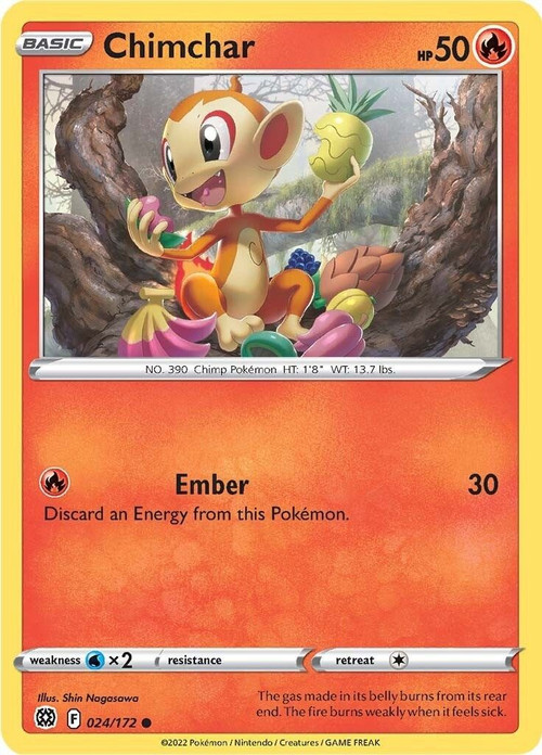 Pokemon Trading Card Game Sword & Shield Brilliant Stars Common Chimchar #24 Reverse Holo Lightly Played、ToyWiz、kayou