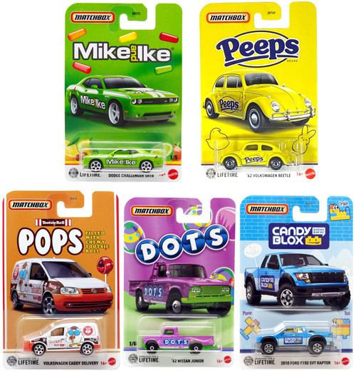 Matchbox Candy Dodge, Challenger SRT8, '62 Volkswagen Beetle, VW Caddy Delivery, '62 Nissan Junior & 2010 Ford F150 SVT Raptor Diecast Car Set、ToyWiz、kayou