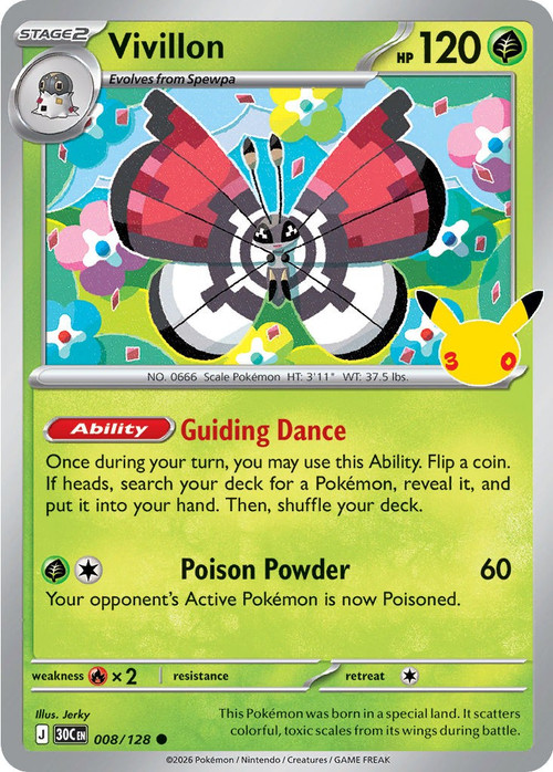 Pokemon Trading Card Game 30th Celebration Common Vivillon #8、ToyWiz、kayou