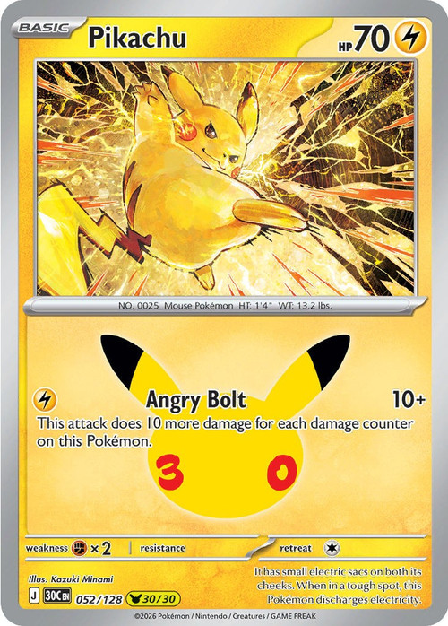 Pokemon Trading Card Game 30th Celebration Pika Rare Pikachu #52、ToyWiz、kayou