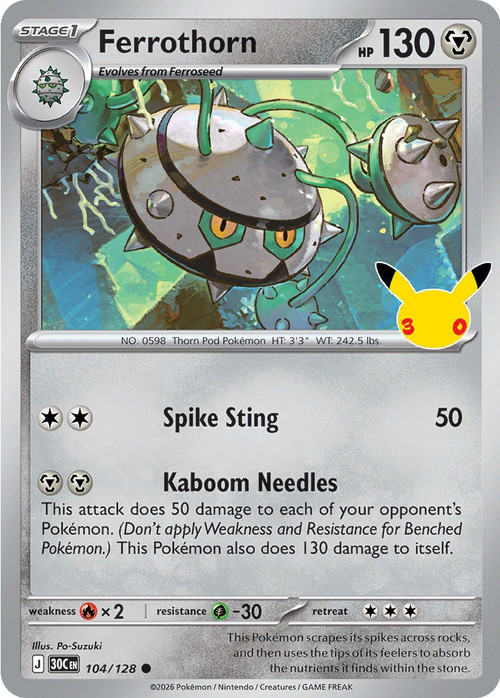 Pokemon Trading Card Game 30th Celebration Common Ferrothorn #104、ToyWiz、kayou