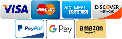 We accept American Express, Visa, MasterCard, Discover, Google Pay, Amazon Payments and PayPal