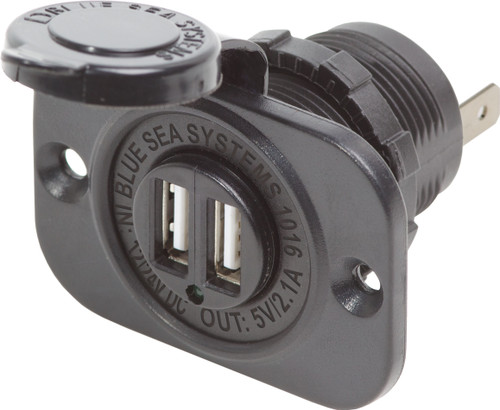 Blue Sea Dual USB 2.1A Charger Port 12/24vDC Socket Mount, Black 1016-BSS