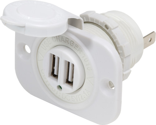 Blue Sea Dual USB 2.1A Charger Port 12/24vDC Socket Mount, White 1016200-BSS
