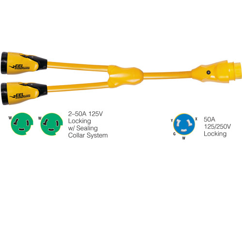Marinco Y504-2-503 EEL (2)50A-125V Female to (1)50A-125/250V Male "Y" Adapter - Yellow Y504-2-503