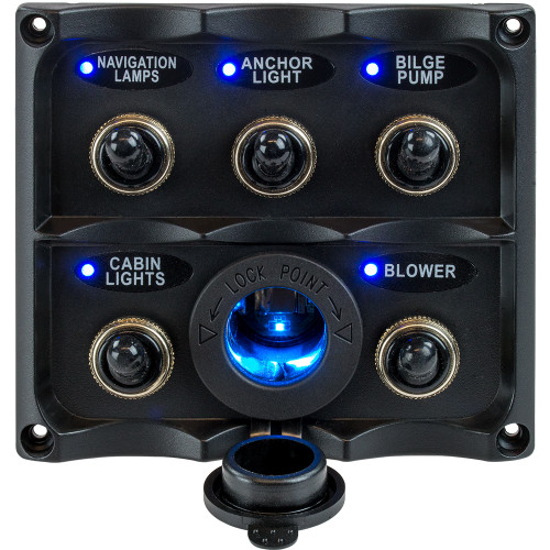 Sea-Dog Water Resistant Toggle Switch Panel w/LED Power Socket - 5 Toggle 424627-1
