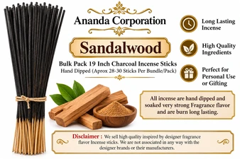 Sandalwood, Bulk Pack Hand Dipped Exotic Incense Sticks [19 Inch, Approx 28-30 Sticks Per Bundle/Pack]