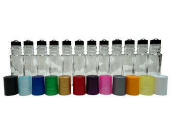 10ml (1/3 oz) Clear Rollon Bottle With Stainless Steel Roller & Color Caps