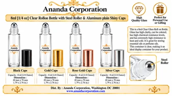 8ml [1/4 oz] Clear Rollon Bottle with Steel Roller & Aluminum Color Caps