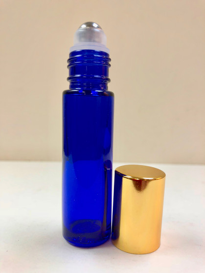 10ml (1/3 oz) Cobalt Blue Rollon Bottle With Stainless Steel Roller and Aluminum Gold Caps