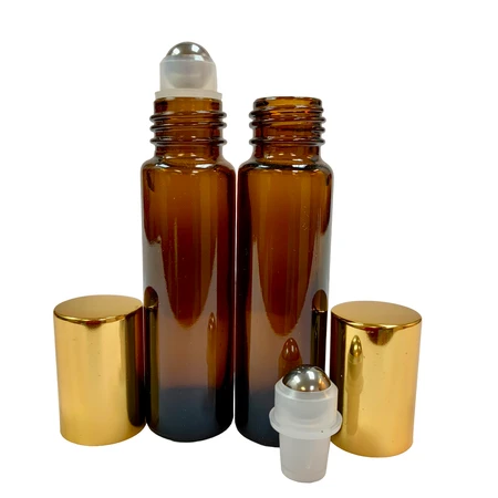 10ml [1/3 oz] AMBER Roll On Bottle with Aluminum Color Cap STEEL Roller