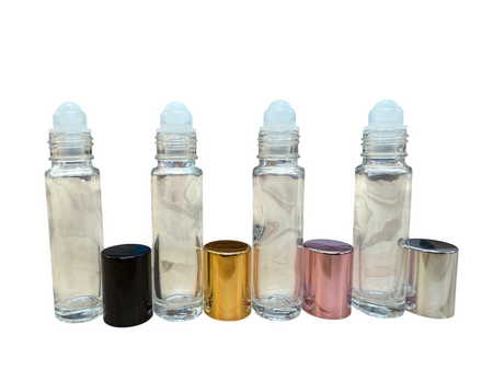 8ml [1/4 oz] Clear Rollon Bottle with Plastic Roller & Aluminum Color Caps