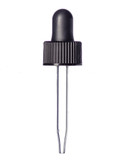 Black PP Plastic 18-400 Ribbed Skirt Dropper Assembly with Rubber Bulb and 66 mm Straight tip Glass Pipette For 1/2 oz Boston Round bottles.