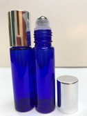 10ml (1/3 oz) Cobalt Blue Rollon Bottle With Stainless Steel Roller and Aluminum Silver Caps