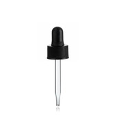 Black PP Plastic 13-425 Ribbed Skirt Dropper Assembly with Rubber Bulb and 7x63mm Straight Tip Glass Pipette For 2 Dram Glass Vials.