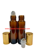 10ml [1/3 oz&91; AMBER Roll On Bottle with Aluminum Color Cap STEEL Roller