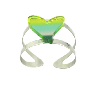 Green and Yellow Heart Shaped Plexi Glass and Sterling Silver Bangle