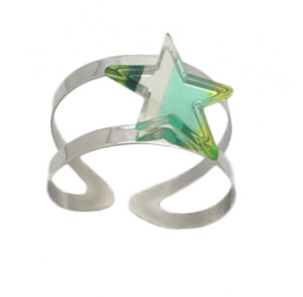 Green and Yellow Star Shaped Plexi Glass and Sterling Silver Bangle