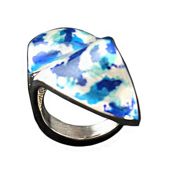 Blue & Beige Pattern Silver Ring