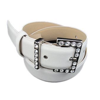 Tailored White Leather Belt with Rhinestones Buckle