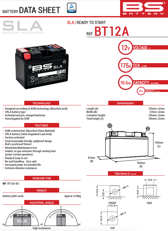 BS Battery BT12A Battery