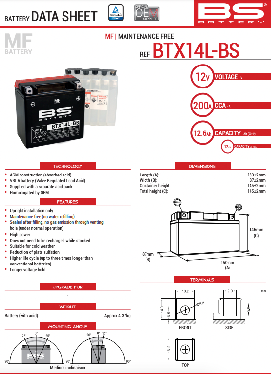 BS Battery BTX14L-BS Battery