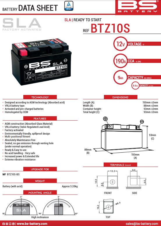 BS Battery BTZ10S Battery