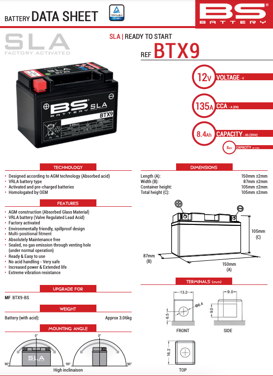 BS Battery BTX9 Battery