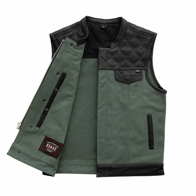 First Manufacturing Hunt Club Black Green Leather Canvas Vest
