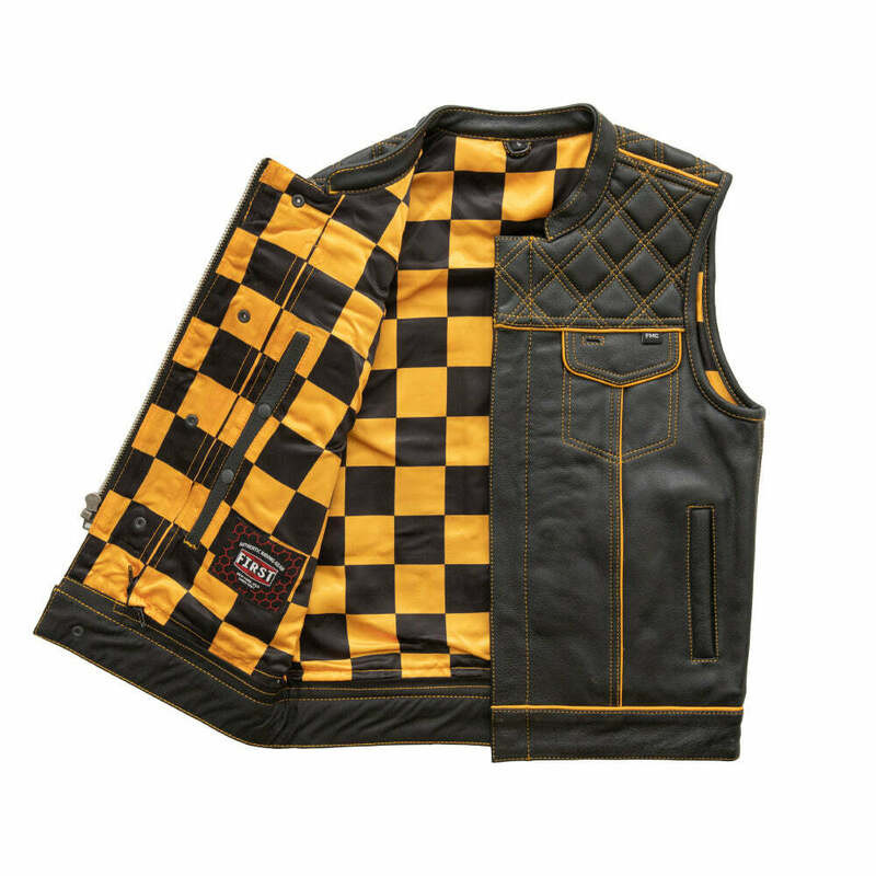 First Manufacturing Gold Checker Black Leather Vest