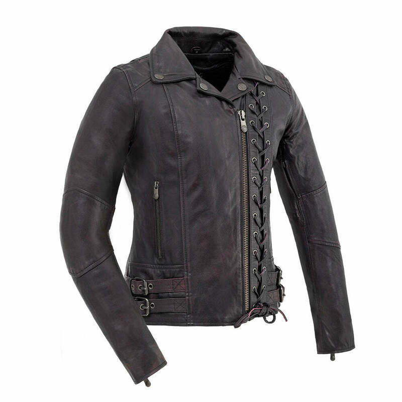 First Manufacturing Wildside Womens Black Purple Leather Jacket