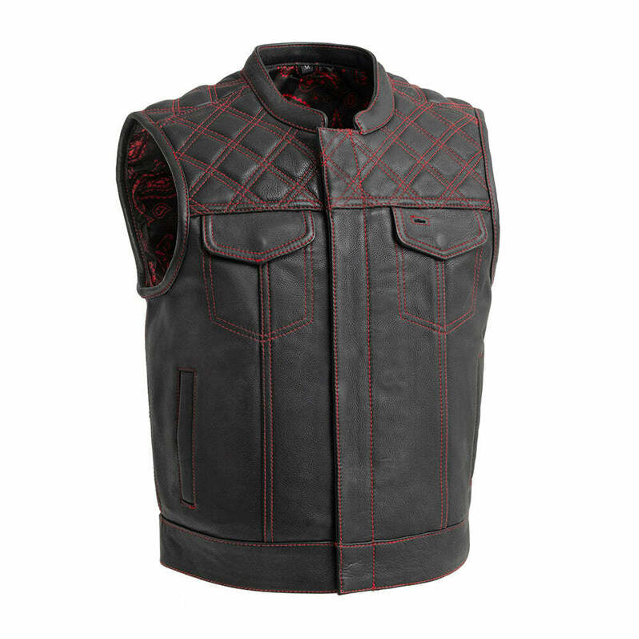 First Manufacturing Upside Quilted Diamond Black Red Leather Vest ...