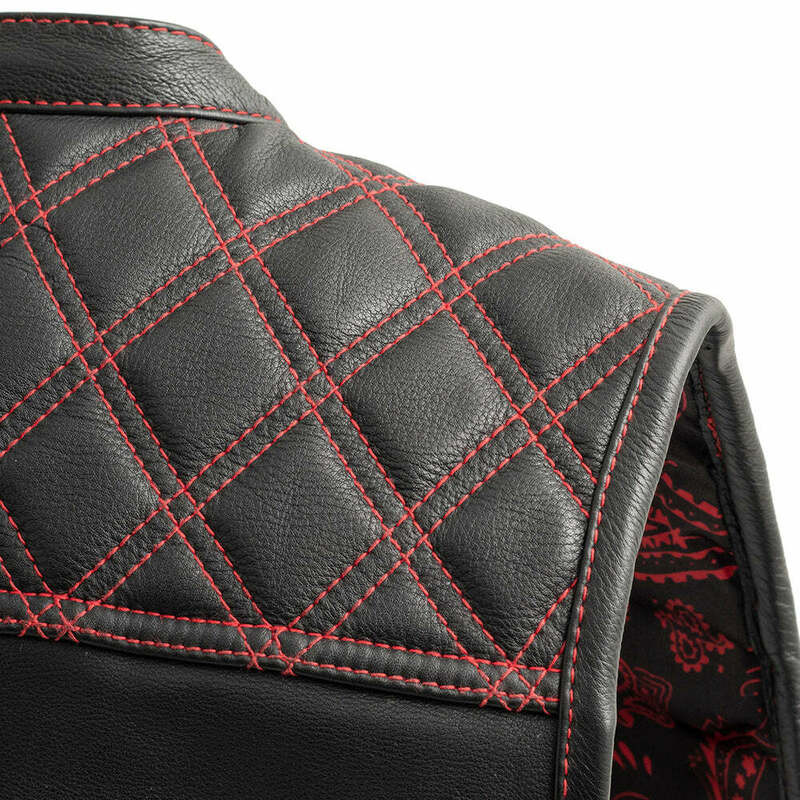 First Manufacturing Upside Quilted Diamond Black Red Leather Vest