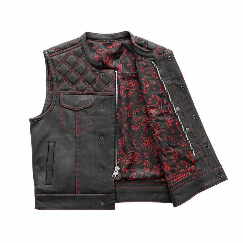 First Manufacturing Upside Quilted Diamond Black Red Leather Vest