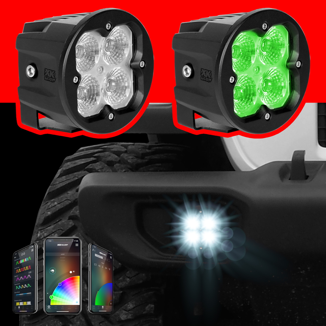 Xk Glow 20W Round Rgb Pod Lights Spot Beam Pr - XK065003-S-KIT