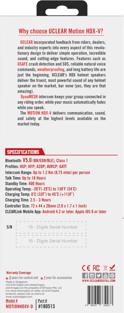 UCLEAR Motion Hdx-V Single Kit Helmet Audio Single Kit - 180512