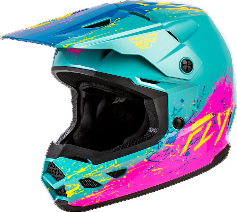 Fly Racing Youth Kinetic Drip Turquoise Pink Yellow Helmet