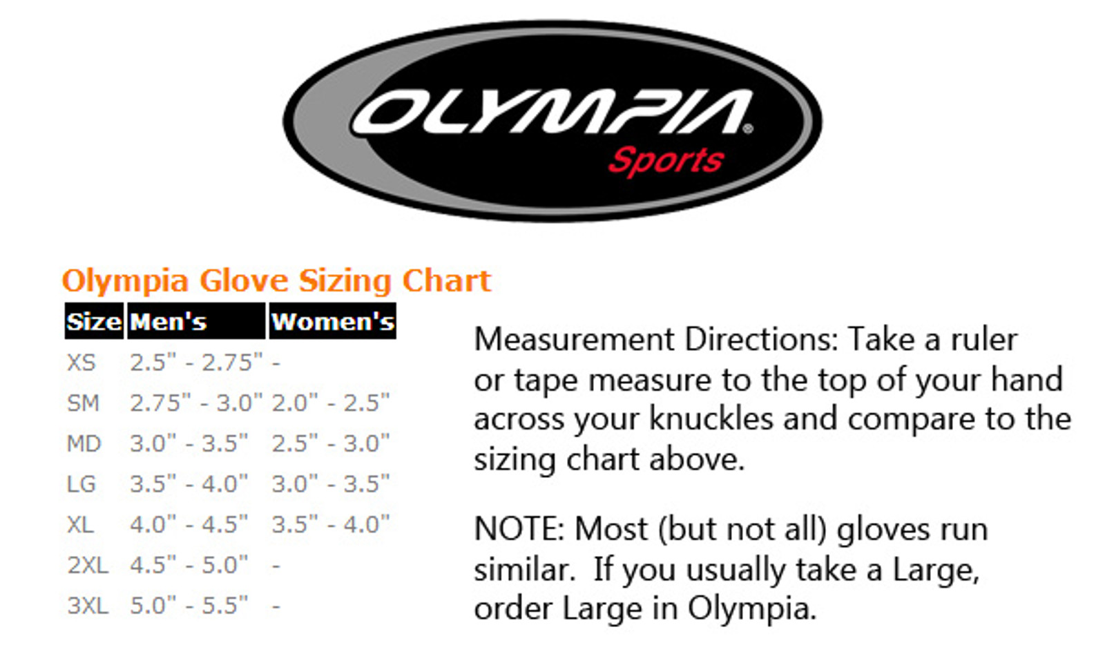 Olympia Gloves Size Chart