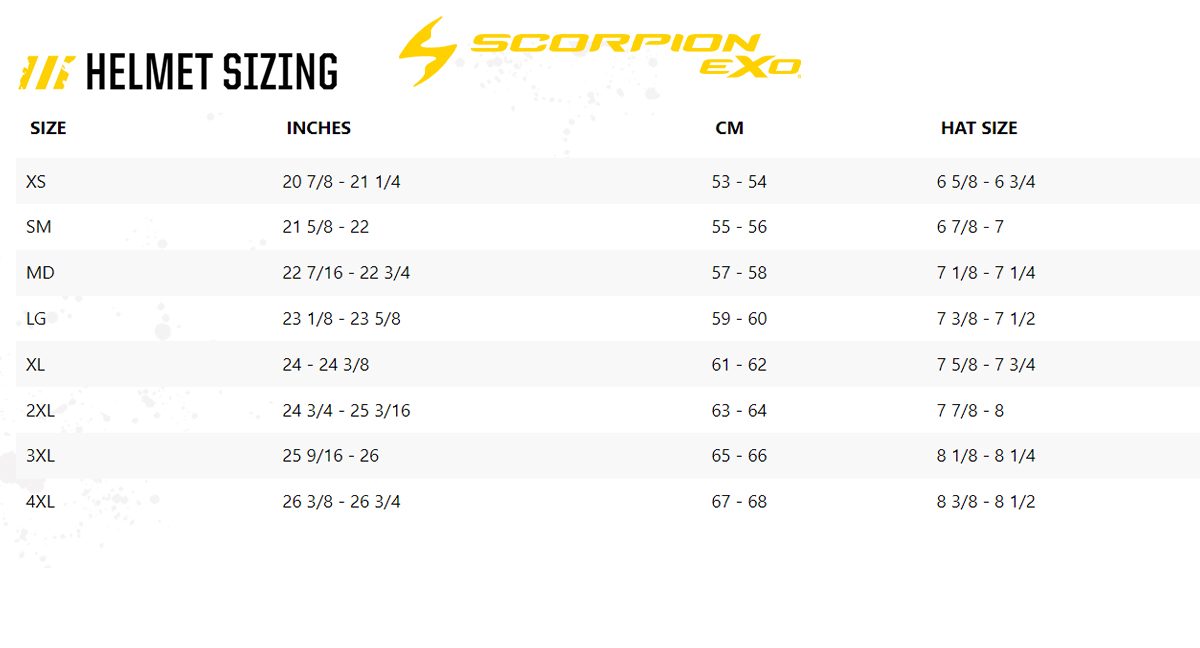 helmet size chart scorpion EXO-R1 Air Solid Gloss Black / LG Dramatic reduction of noise levels by projecting dirty/noisy air away from the shell 2) Scorpion EXO Ryzer Edge Hi-Viz