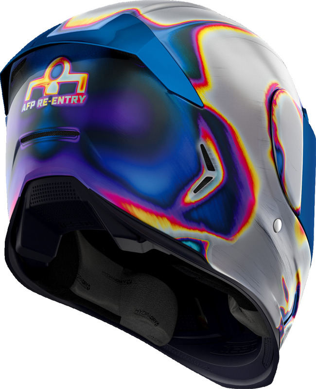 icon airframe infernal motorcycle helmet Pro Aztec Nine Full Face Wicking Hydradry liner Handmade composite fiberglass FRP shell for strength with minimal weight Sculpted neck roll reduces jacket/suit interference Prolock positive shield locking system Fog Icon Airframe Pro Helmet -