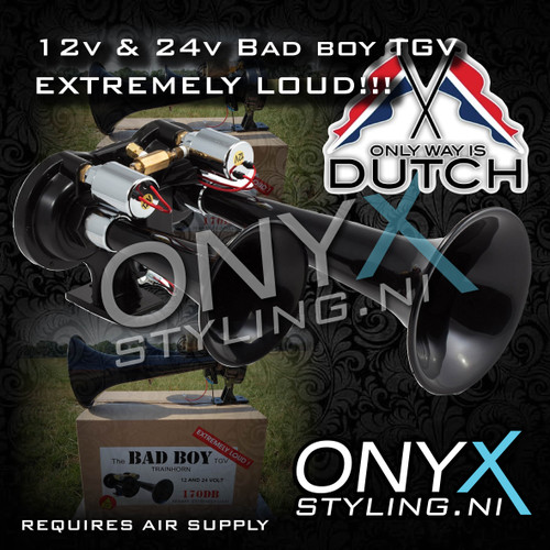 The Bad Boy Air Horn 12V & 24V - TGV Train Horn 170dB – Genuine / Original - Not to be compared to market copies The Bad Boy Air Horn 12V & 24V - TGV Train Horn 170dB – Genuine / Original - Not to be compared to market copies